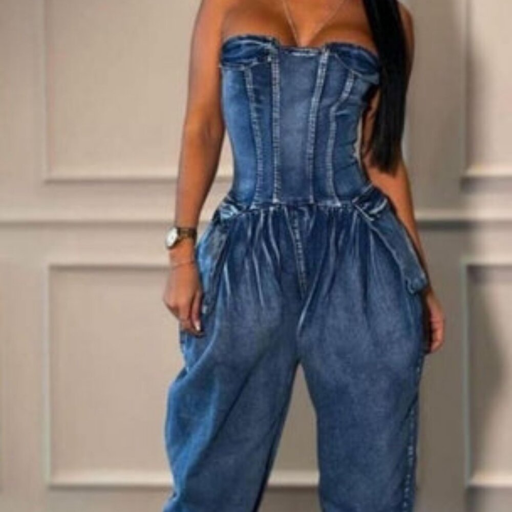 Women's Washed Demin Tube Baggy Jumpsuit -